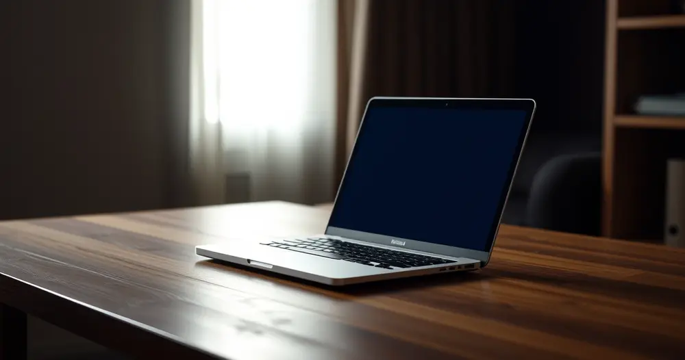 notebook aberto sobre mesa de madeira em ambiente com pouca luz