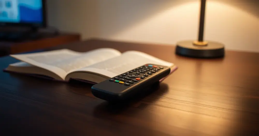 Controle remoto sobre mesa escura ao lado de livro aberto e luminária