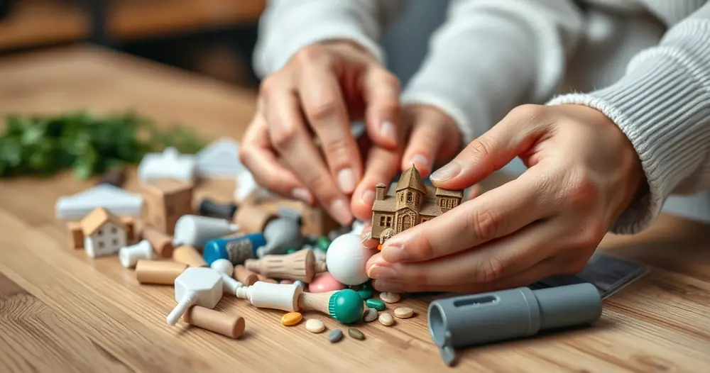 Mãos separando pequenos objetos domésticos sobre uma mesa de madeira