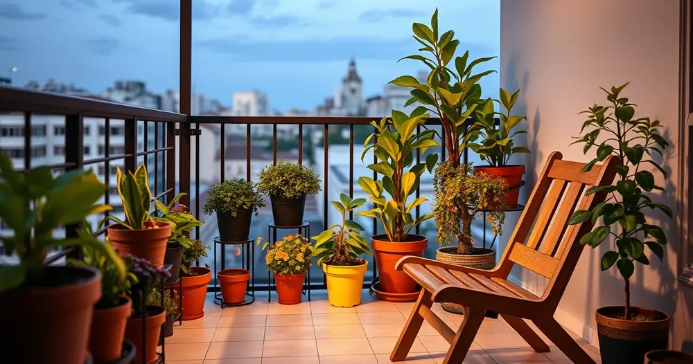 Varanda pequena com plantas em vasos e uma cadeira de madeira