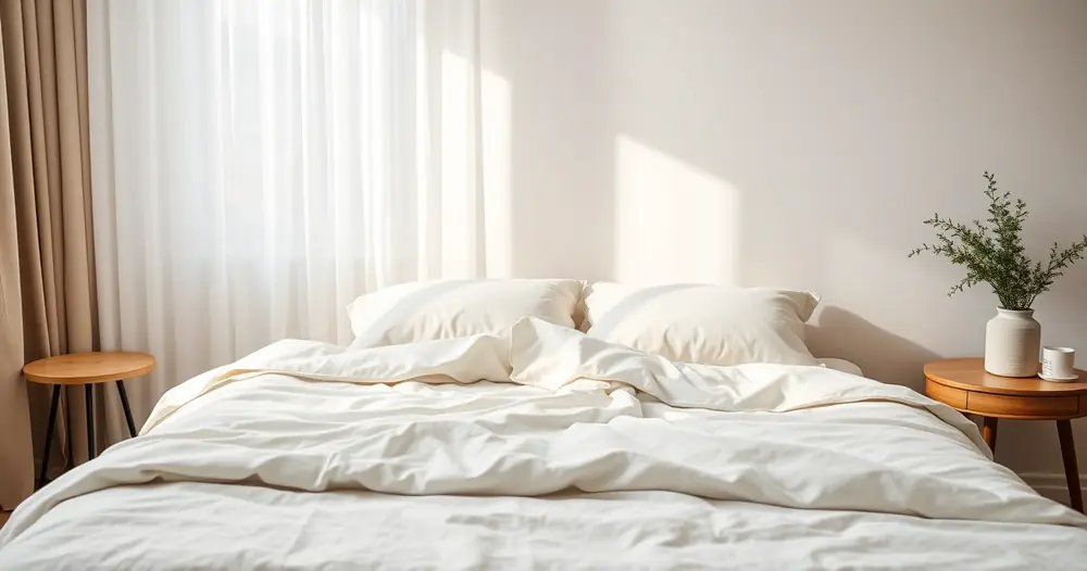 Cama arrumada com roupa de cama clara, num quarto tranquilo