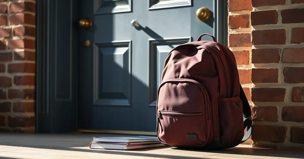 Mochila escolar e cadernos junto à porta, pela manhã