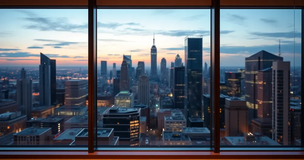 Janela de escritório com vista para a cidade ao anoitecer