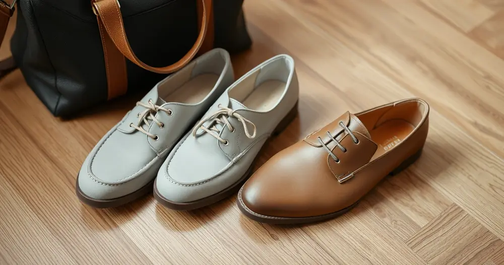 Par de sapatos sobre piso de madeira, ao lado de uma bolsa