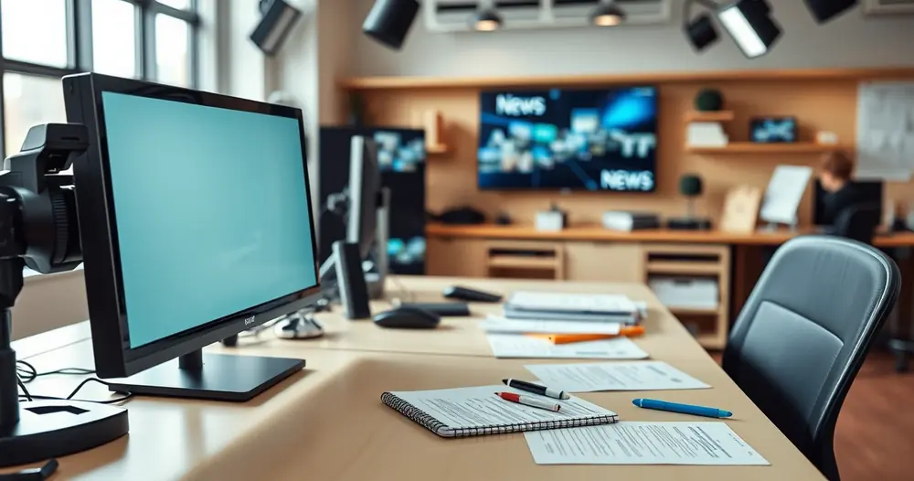 Mesa de redação com monitor e anotações, com luz do dia