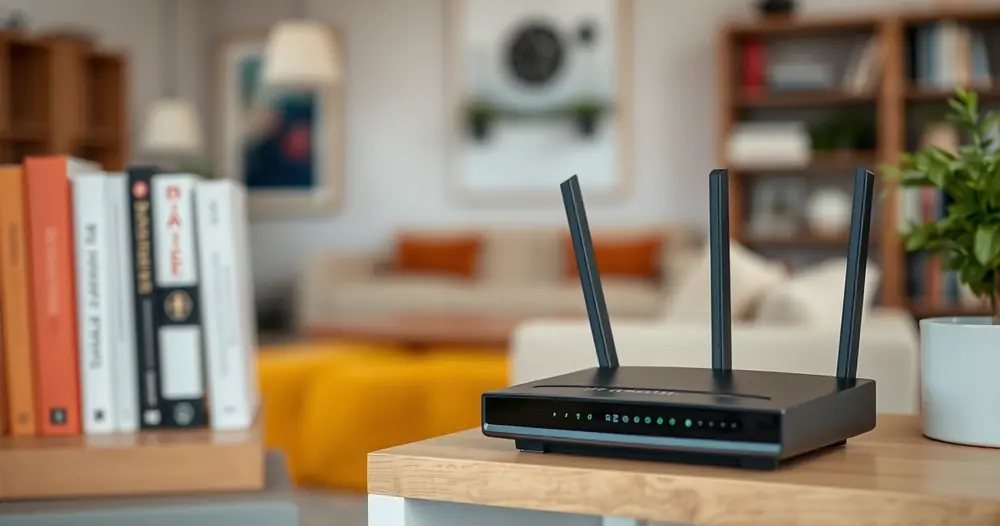 Roteador de internet numa prateleira, ao lado de livros