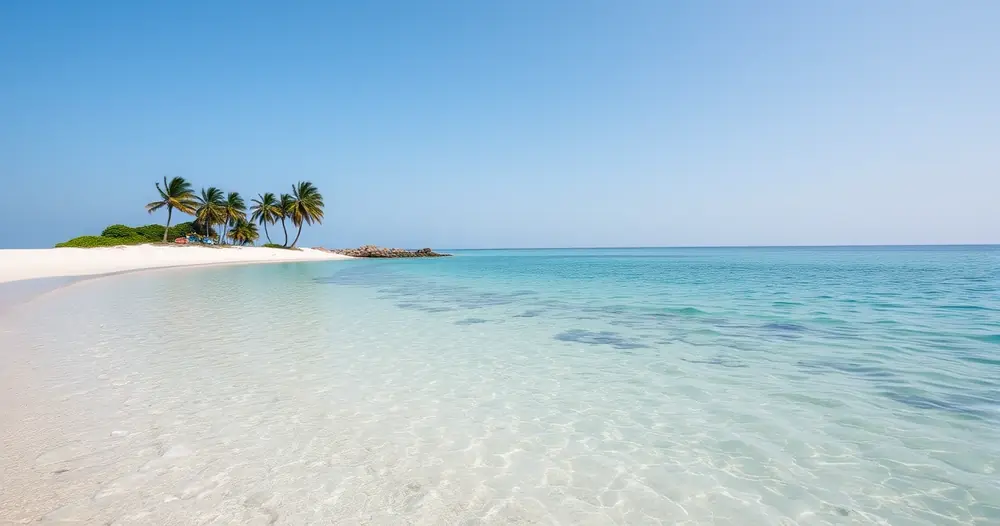 Praia tranquila com água clara e alguns coqueiros