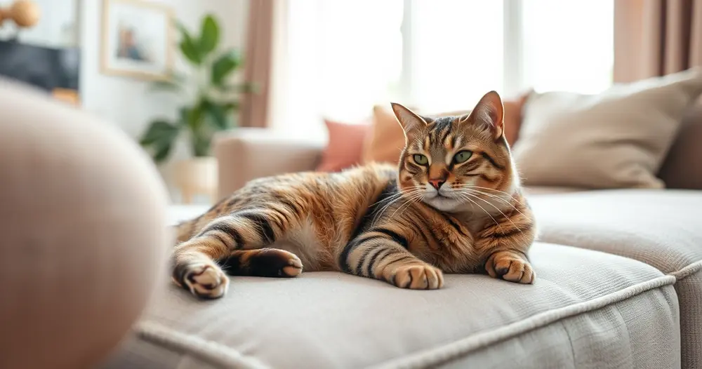 Gato descansando no sofá de uma sala clara