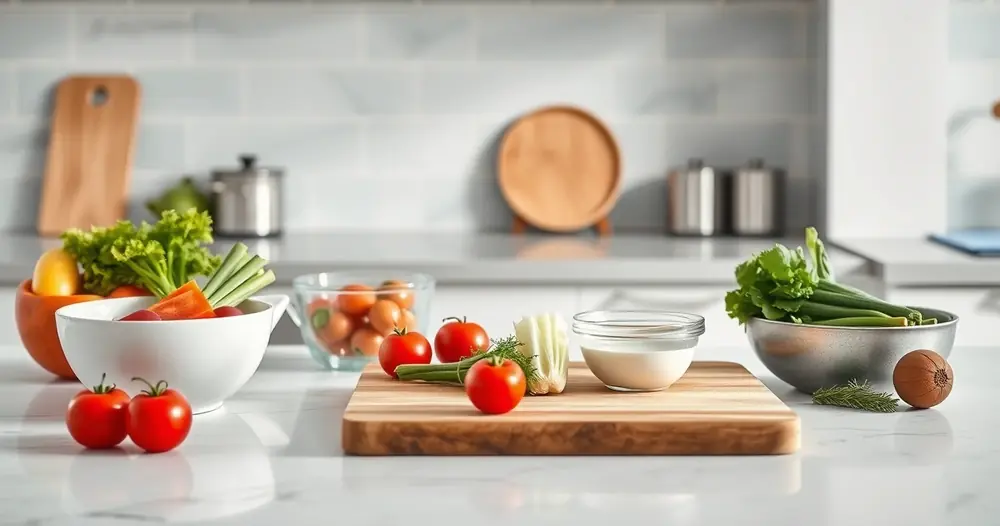 Bancada de cozinha com tábua, tigelas e legumes frescos