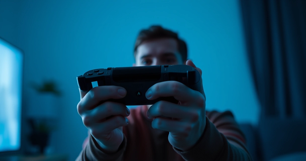 Mãos segurando um controle de videogame, com o brilho da tela ao fundo