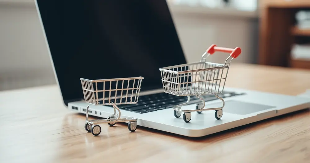 Carrinho de compras em miniatura ao lado de um notebook