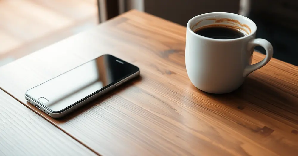 Celular sobre uma mesa de madeira, ao lado de uma xícara de café