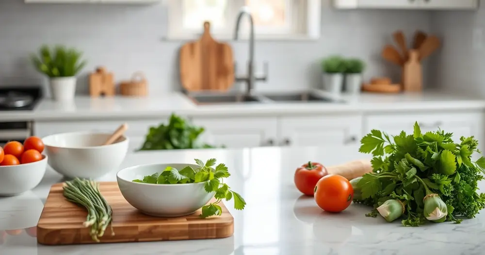 Bancada de cozinha com tábua, tigelas e legumes frescos