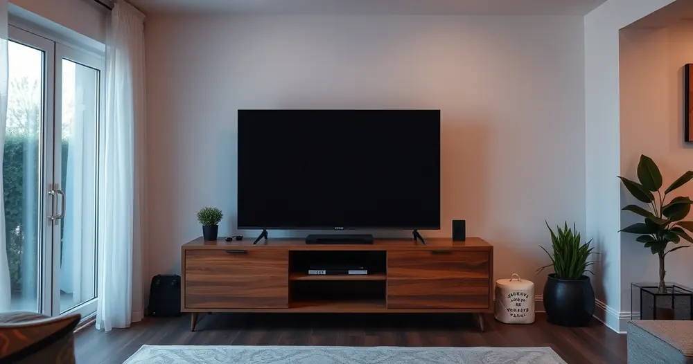 Televisão sobre um rack de madeira numa sala arrumada