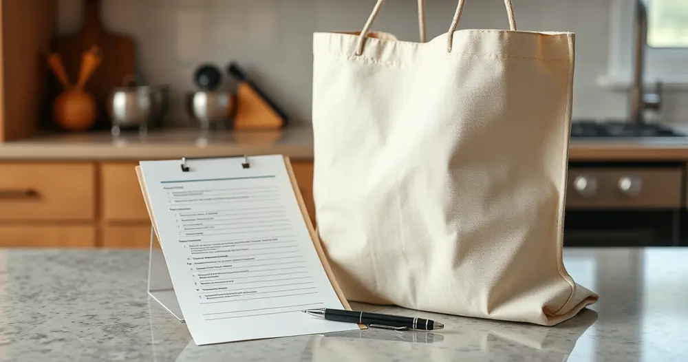 Lista de papel e caneta ao lado de uma sacola na bancada da cozinha