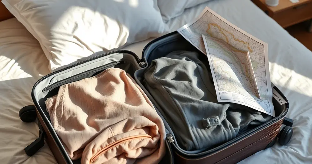 Mala aberta com roupas dobradas e um mapa de papel sobre a cama