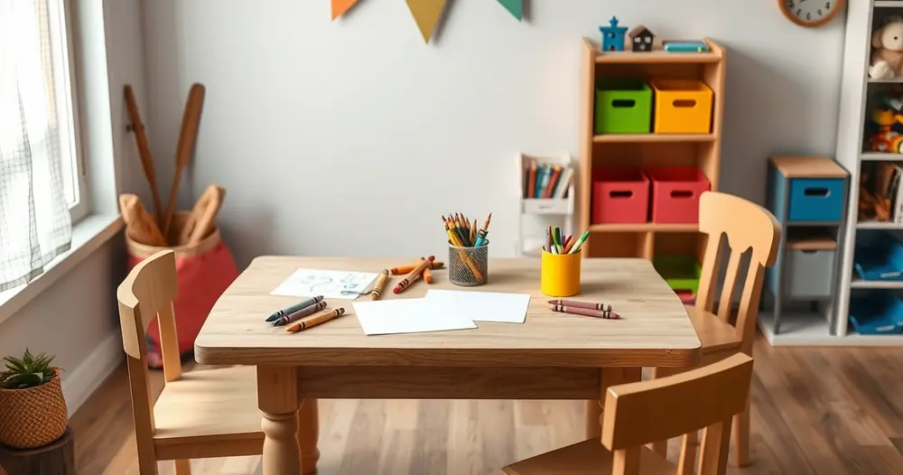 Mesinha com giz de cera e papel num quarto infantil