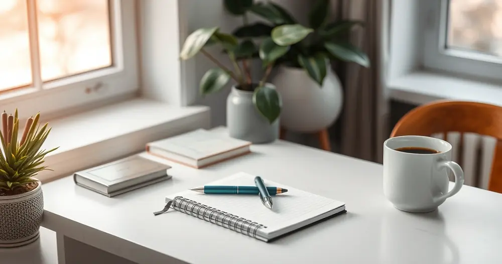Escrivaninha organizada com caderno, caneta e xícara de café