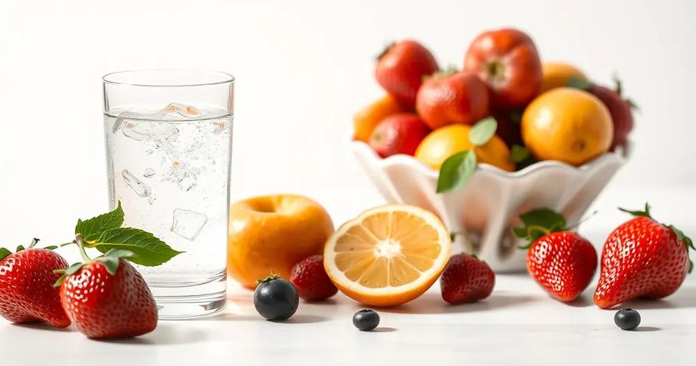 Copo de água e frutas frescas sobre uma mesa clara
