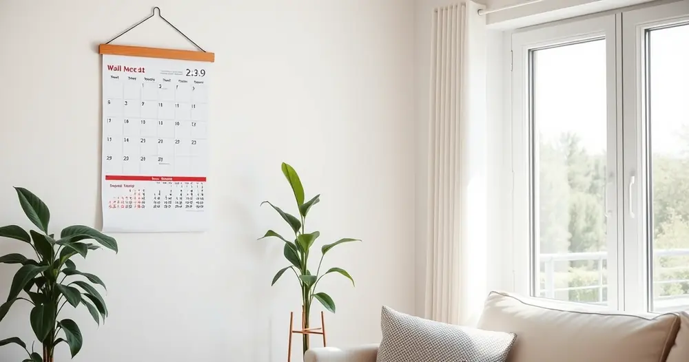 Calendário de parede e um vaso de planta no canto de uma sala