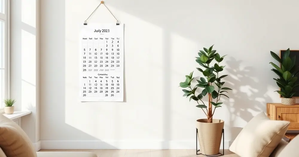 Calendário de parede e um vaso de planta no canto de uma sala