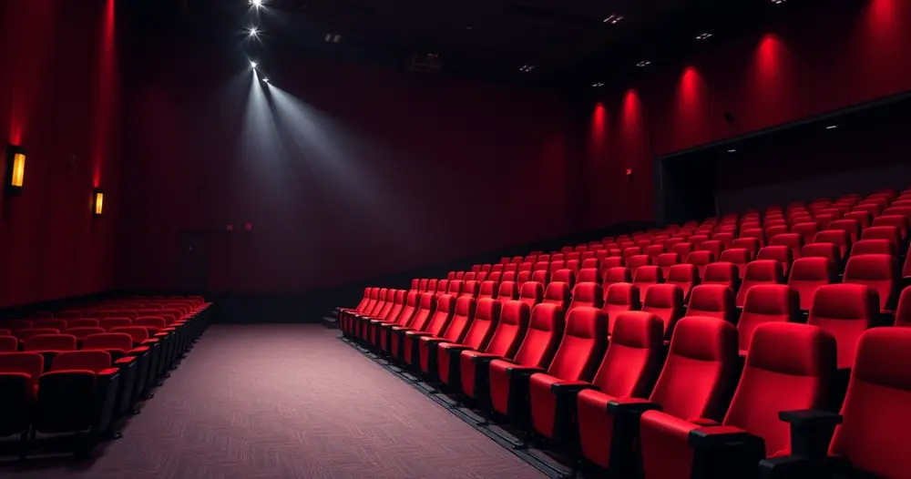 Sala de cinema vazia, com poltronas vermelhas e luz baixa