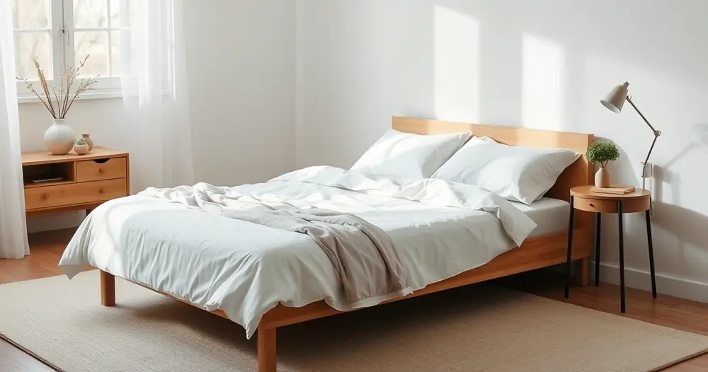 Cama arrumada com roupa de cama clara, num quarto tranquilo