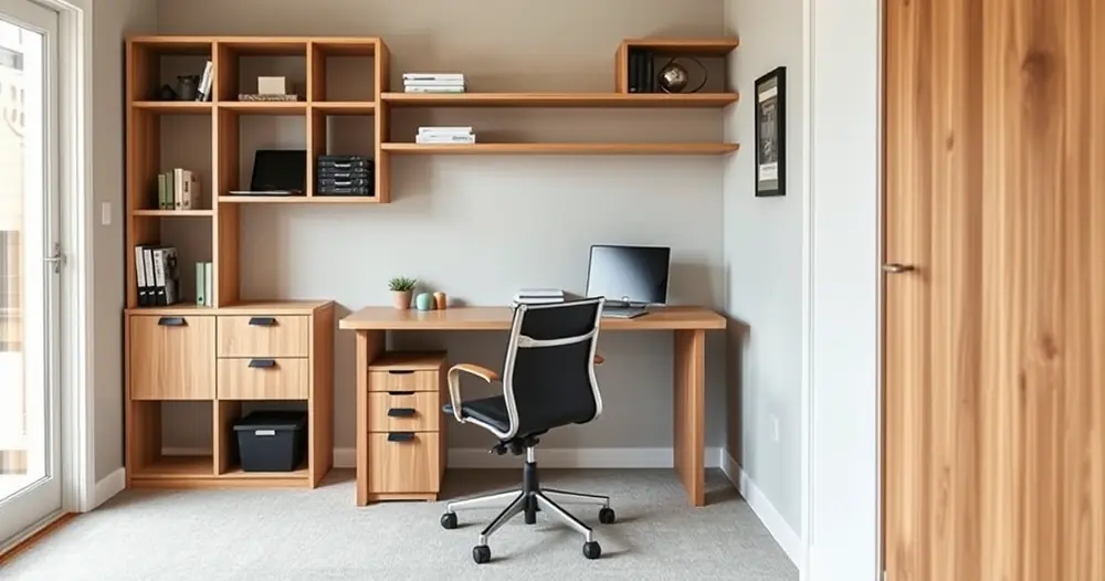 Escritório compacto em casa, com mesa, cadeira e prateleiras