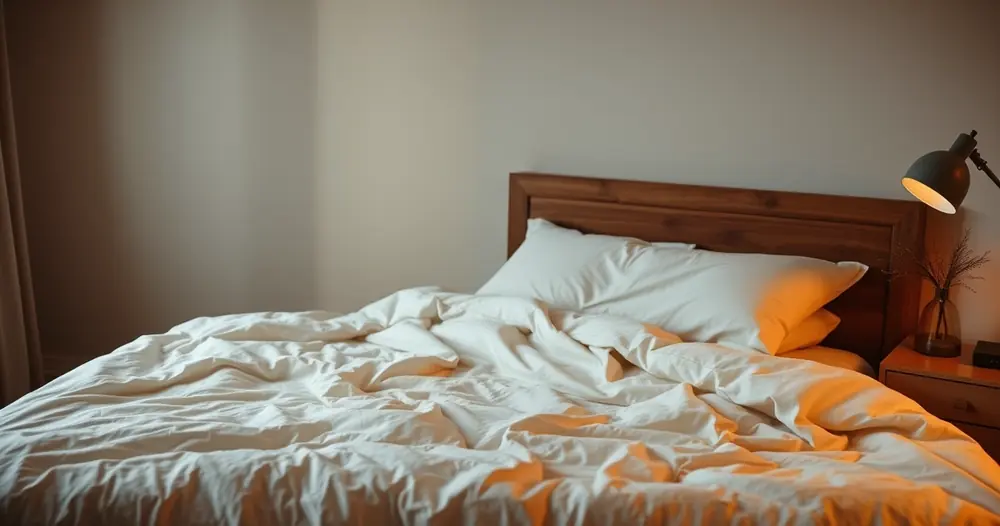 Cama arrumada com roupa de cama clara num quarto tranquilo