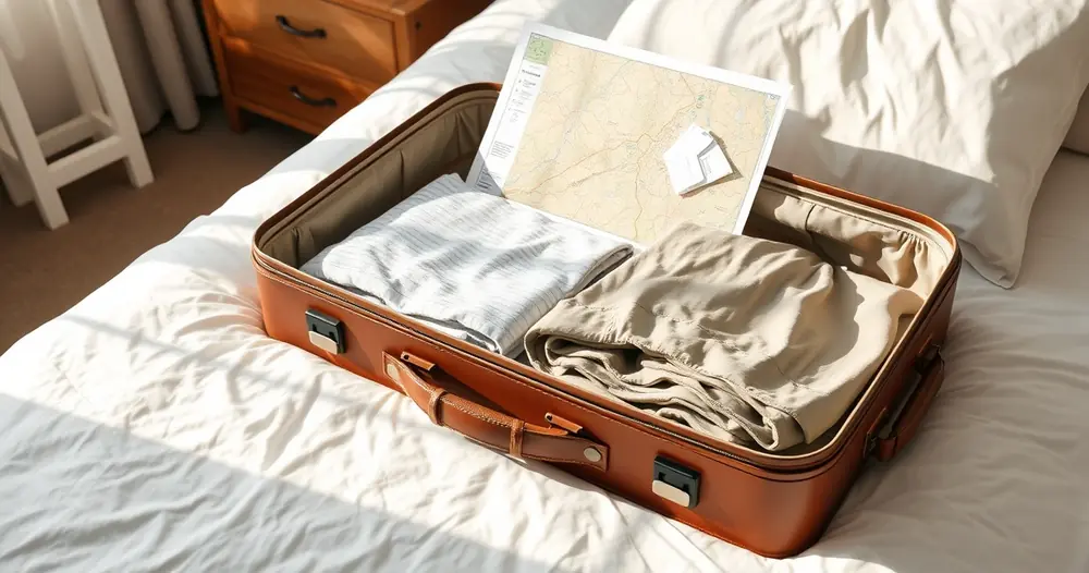 Mala aberta com roupas dobradas e um mapa de papel sobre a cama