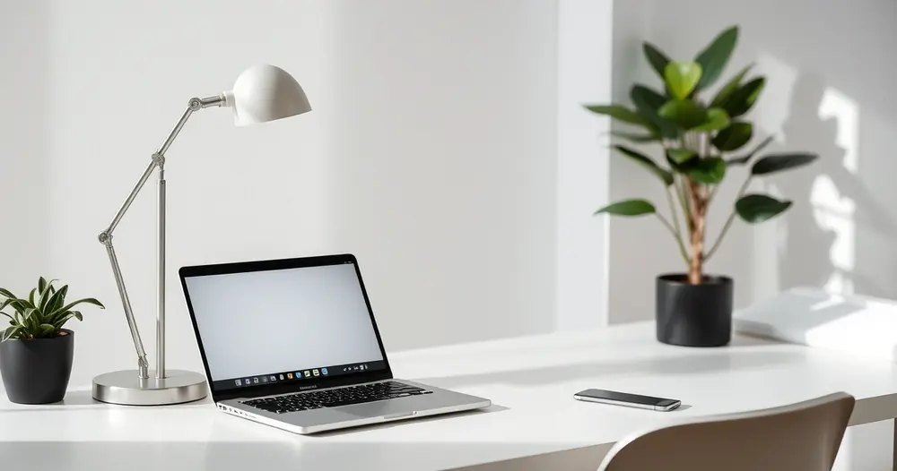 Estação de trabalho organizada, com notebook, luminária e planta