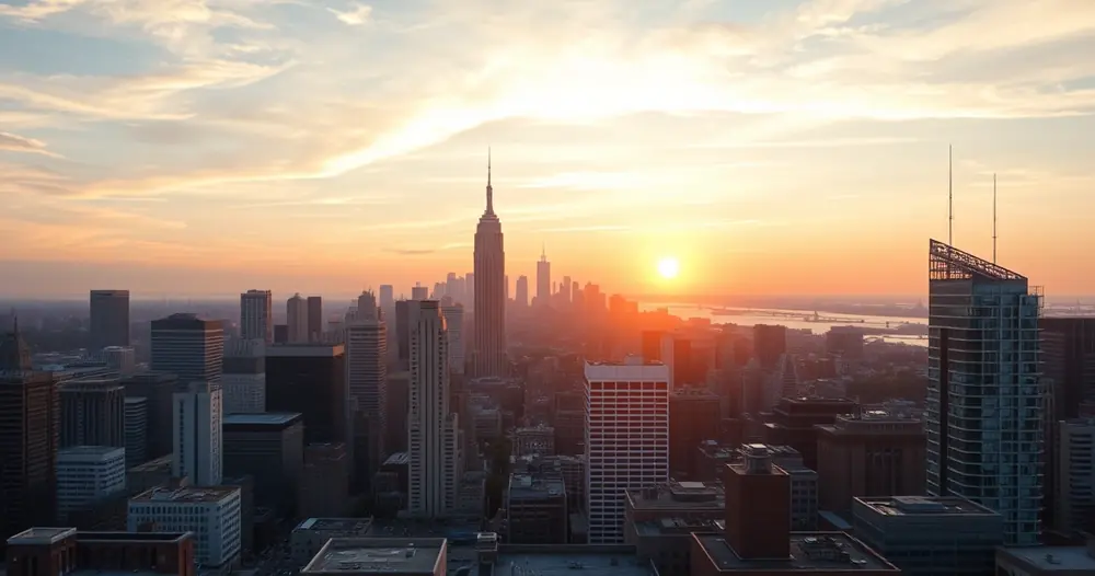 Silhueta da cidade ao amanhecer, vista de uma cobertura
