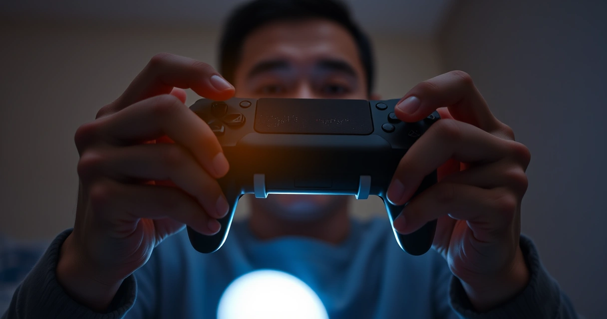 Mãos segurando um controle de videogame, com o brilho da tela ao fundo