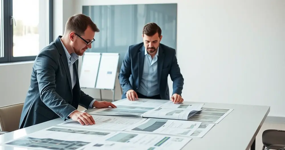 Duas pessoas analisando layouts impressos sobre uma mesa grande