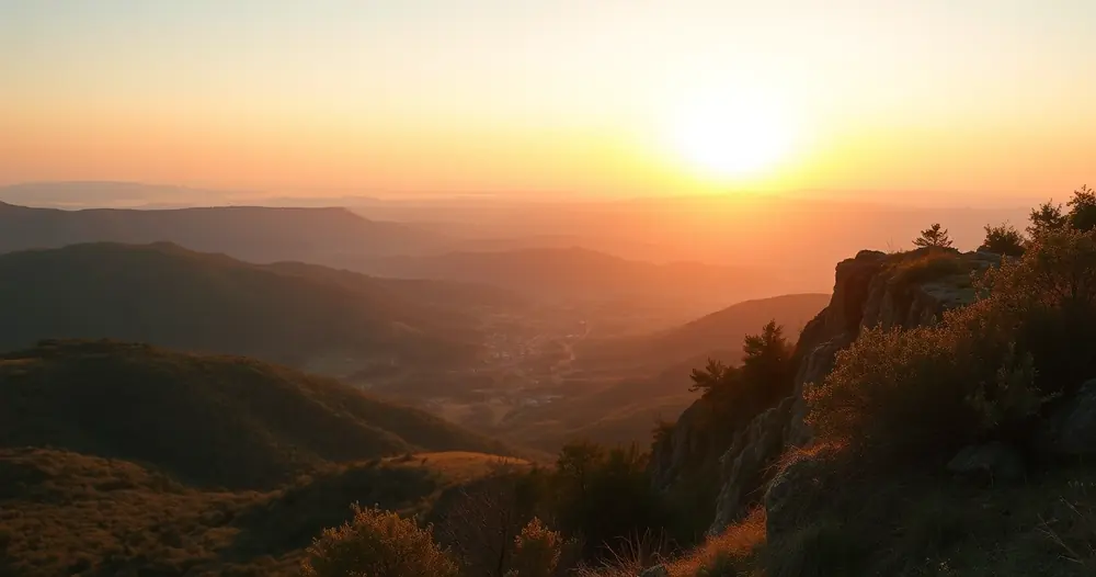Mirante com vista para um vale, no fim da tarde