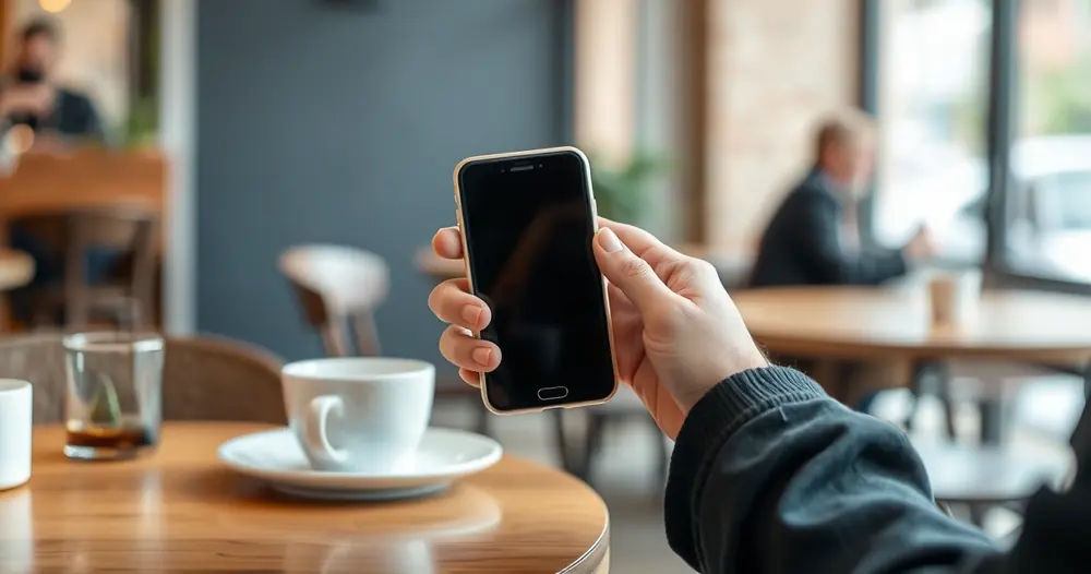 Pessoa segurando um celular na mesa de uma cafeteria