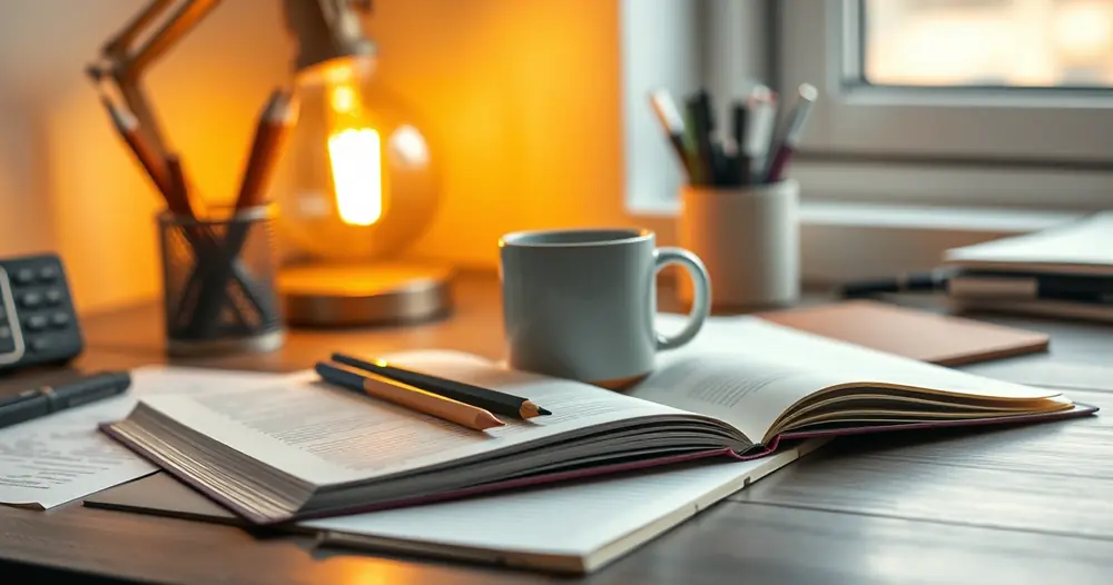 Caderno aberto, lápis e uma caneca sobre a mesa de estudo