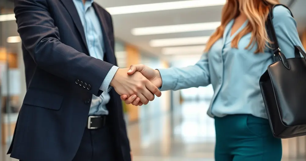 Duas pessoas apertando as mãos no saguão de um escritório
