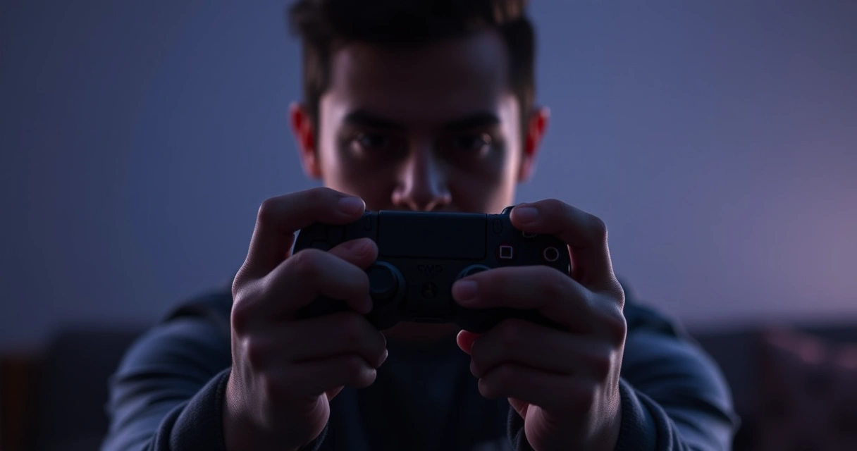 Mãos segurando um controle de videogame, com o brilho da tela ao fundo