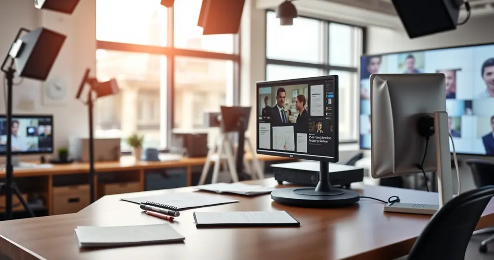 Mesa de redação com monitor e anotações, com luz do dia