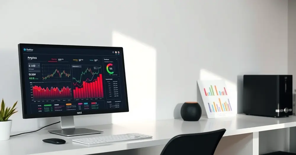 Monitor exibindo gráficos coloridos sobre uma mesa organizada
