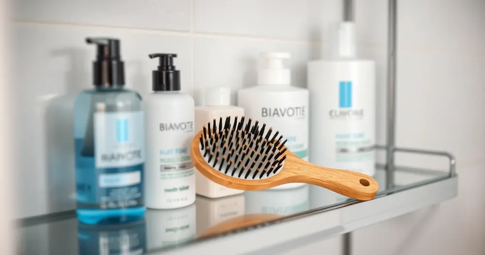 Produtos para cabelo e uma escova sobre a prateleira do banheiro