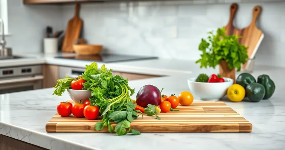 Bancada de cozinha com tábua, tigelas e legumes frescos