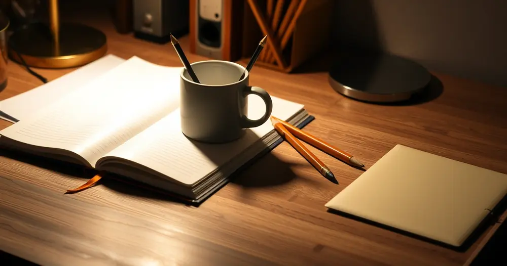 Caderno aberto, lápis e uma caneca sobre a mesa de estudo