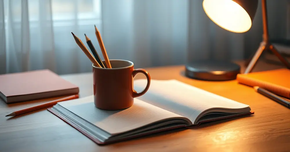 Caderno aberto, lápis e uma caneca sobre a mesa de estudo