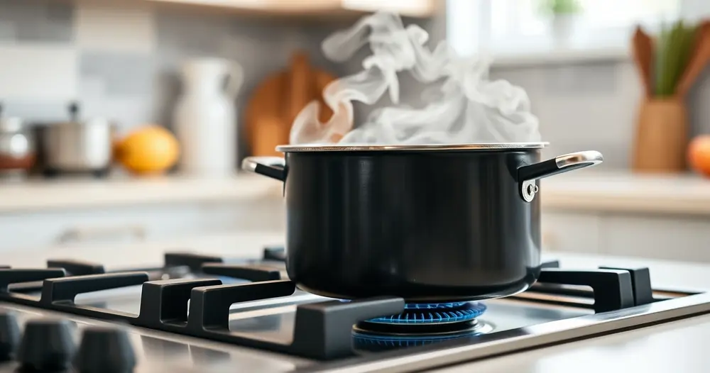 Panela sobre o fogão, com vapor subindo, e a bancada desfocada ao fundo