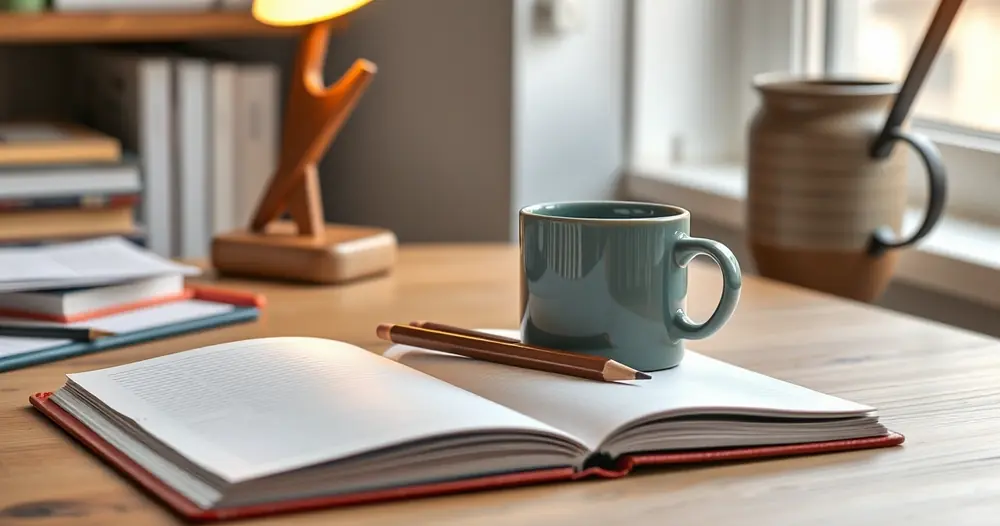 Caderno aberto, lápis e uma caneca sobre a mesa de estudo