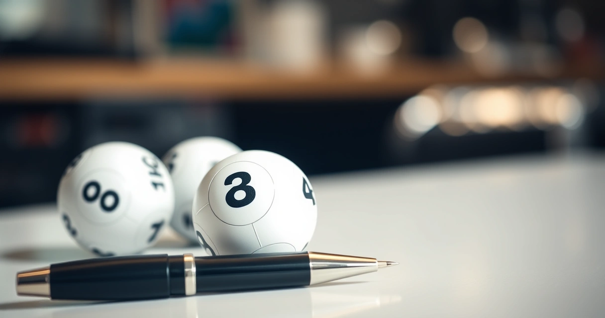 Bolas de sorteio e uma caneta sobre um balcão