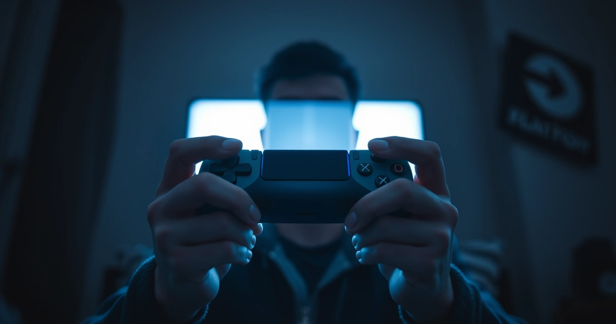Mãos segurando um controle de videogame, com o brilho da tela ao fundo