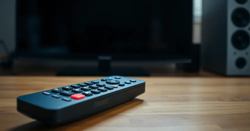 Controle remoto sobre mesa com televisão desfocada ao fundo